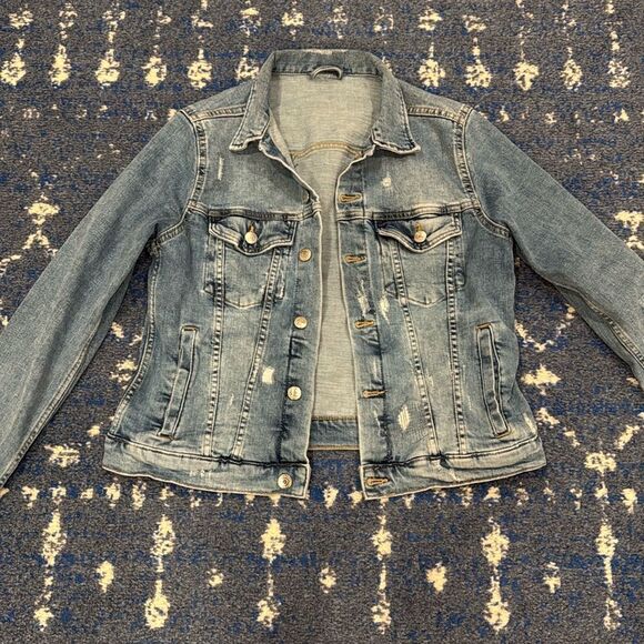 Jean jacket light stretch distressed medium wash crop - Picture 1 of 11